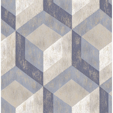 Rustic Wood Tile Blue Geometric Wallpaper