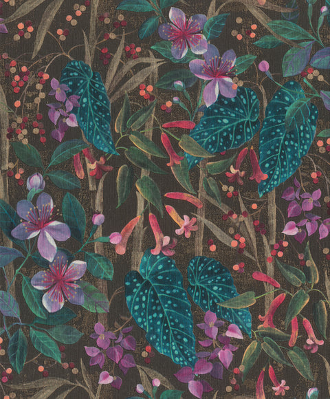 4202-538236 Kalina Black Floral Fruits Wallpaper