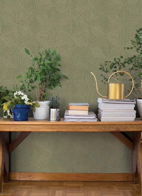 4202-571288 Anara Green Geo Faux Grasscloth Wallpaper