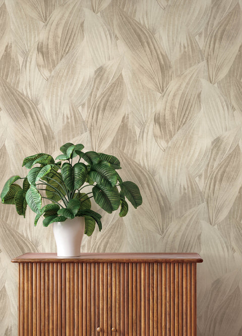 4202-571554 Melora Beige Leaf Wallpaper