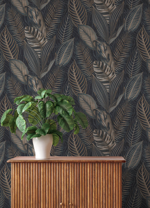 4202-751840 Acacius Dark Blue Tropical Foliage Wallpaper