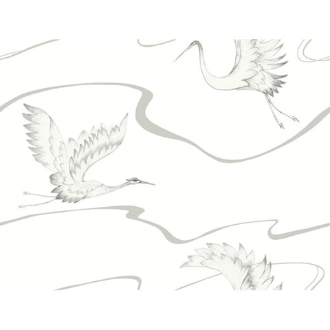 BW3873 White Silver Soaring Cranes Wallpaper