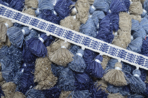 ZN100 392 Classical Elements 1.75 inch Blue Tan Tassel Trim