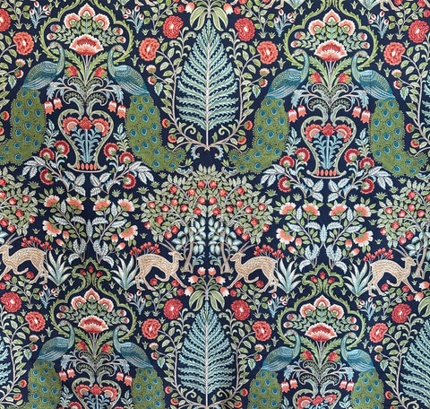 Peacock floral cotton fabric close-up Winthrop Sapphire showing peacock and floral damask pattern