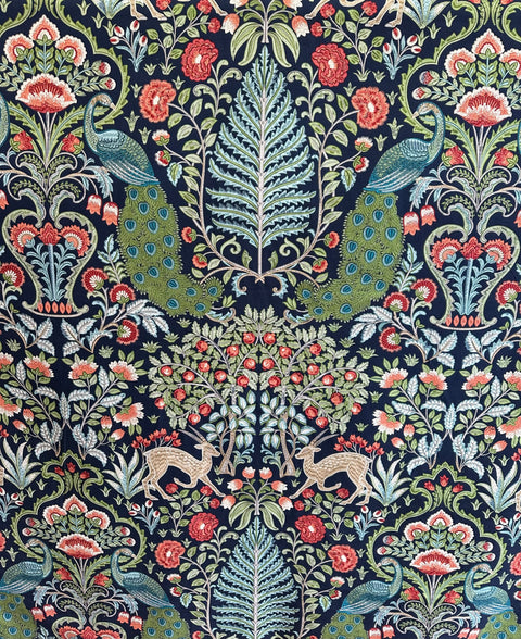 Peacock floral cotton fabric close-up Winthrop Sapphire showing peacock and floral damask pattern