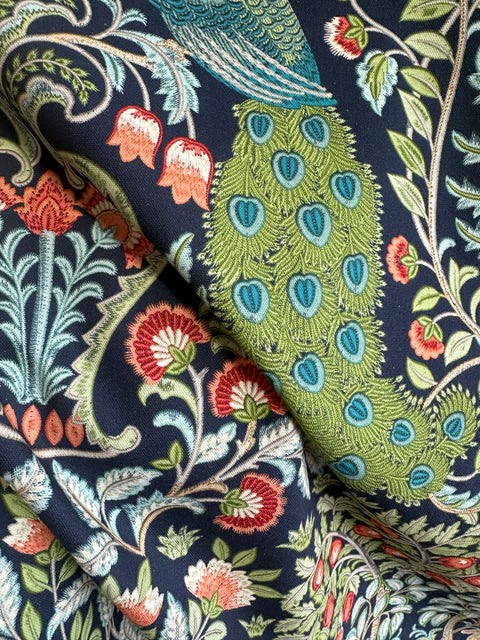 Peacock floral cotton fabric close-up Winthrop Sapphire showing peacock and floral damask pattern