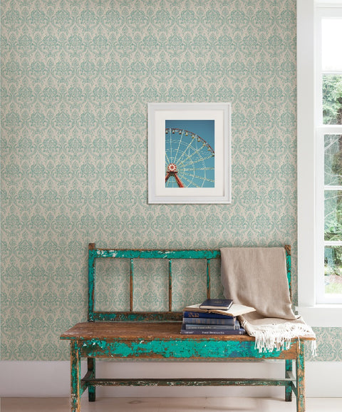 Waverly Turquoise Petite Damask Wallpaper