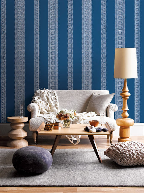 Brynn Indigo Paisley Stripe Wallpaper
