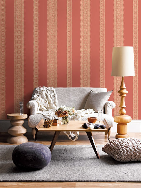 Brynn Coral Paisley Stripe Wallpaper