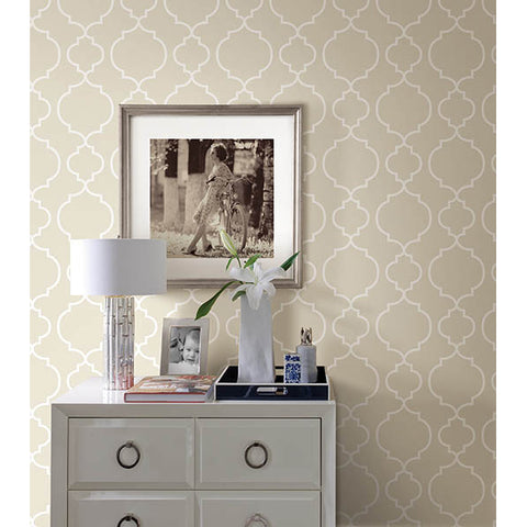 For Your Bath III Desiree Taupe Quatrefoil Wallpaper
