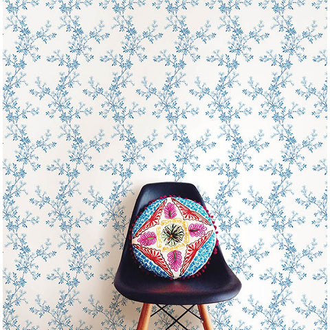 For Your Bath III Claire Blue Floral Trail Wallpaper