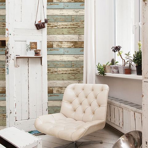 For Your Bath III Levi Blue Scrap Wood Wallpaper