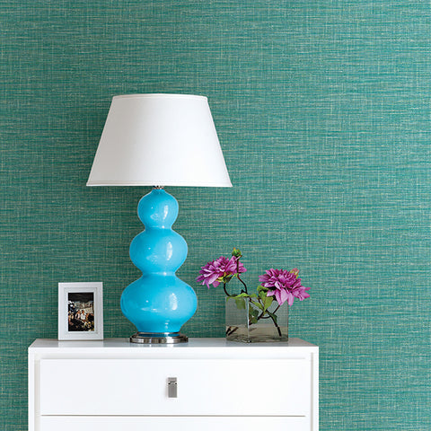 2744-24118 Exhale Teal Faux Grasscloth Wallpaper