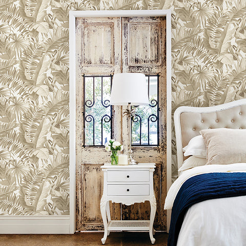 2744-24135 Alfresco Taupe Palm Leaf Wallpaper