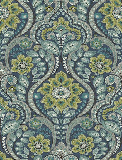 2763-12101 Night Bloom Navy Damask Wallpaper
