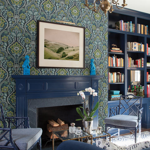 2763-12101 Night Bloom Navy Damask Wallpaper