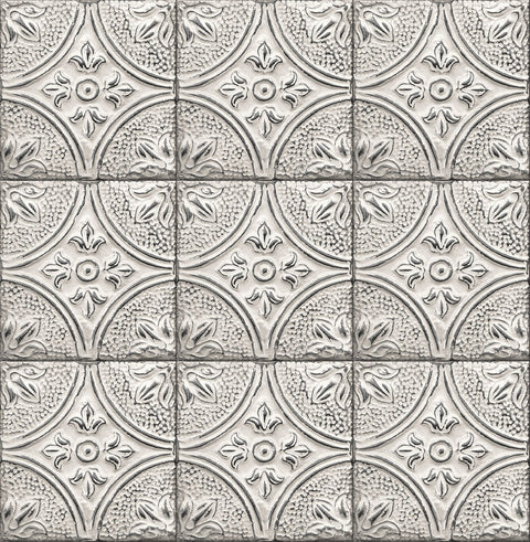 2766-23763 Houston White Tin Tile Wallpaper