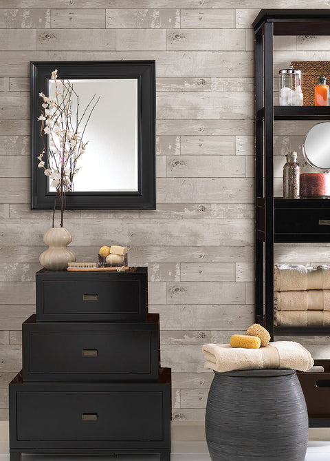2767-20131 Harbored Light Grey Distressed Wood Panel Wallpaper