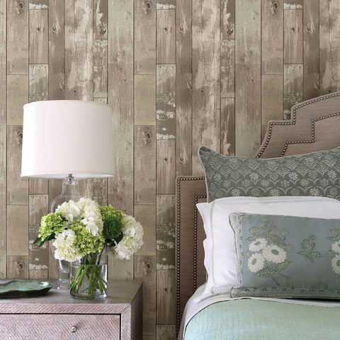 2767-20132 Harbored Neutral Distressed Wood Panel Wallpaper