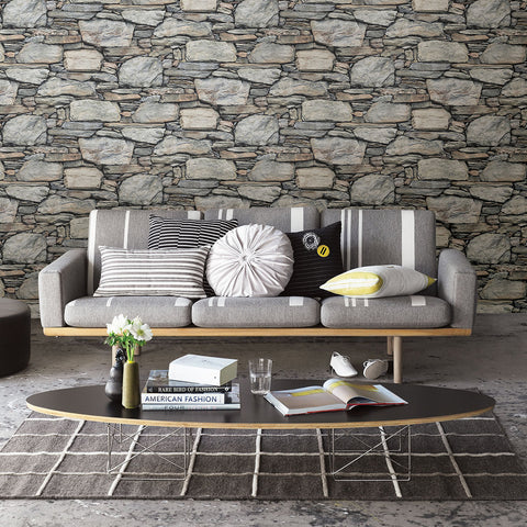 2767-22304 Cobble Light Grey Stone Wall Wallpaper
