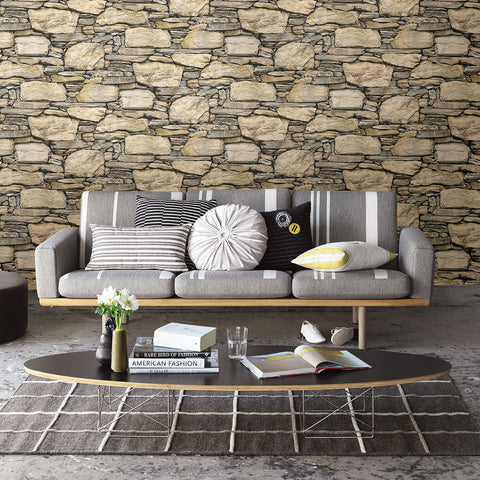 2767-22317 Cobble Neutral Stone Wall Wallpaper