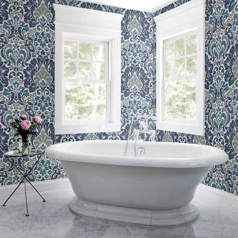 Garden of Eden Blue Damask Wallpaper