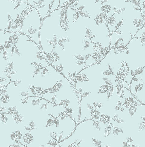 2814-24975 Aaron Light Blue Bird Trail Wallpaper