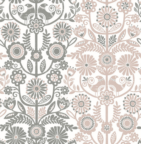 2821-25105 Lovebirds Light Pink Folk Stripe Wallpaper