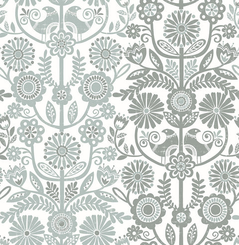 2821-25107 Lovebirds Slate Folk Stripe Wallpaper
