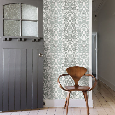 2821-25107 Lovebirds Slate Folk Stripe Wallpaper