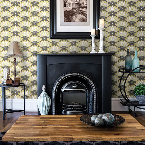 2861-25754 Lotus Mustard Floral Fans Wallpaper