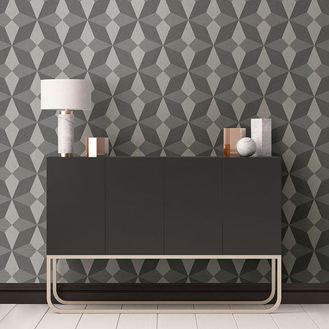 2896-25300 Valiant Grey Faux Grasscloth Mosaic Wallpaper