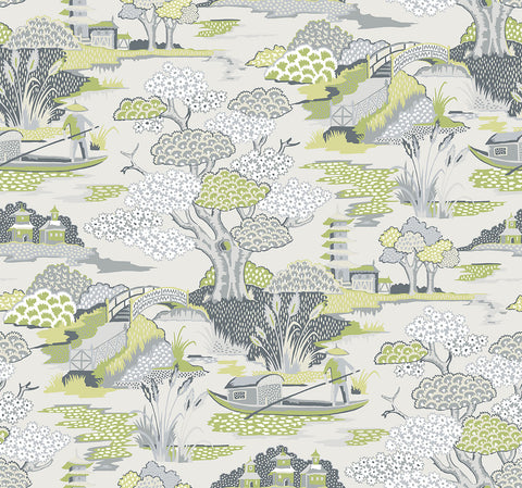 2901-87508 Joy De Vie Green Toile Wallpaper