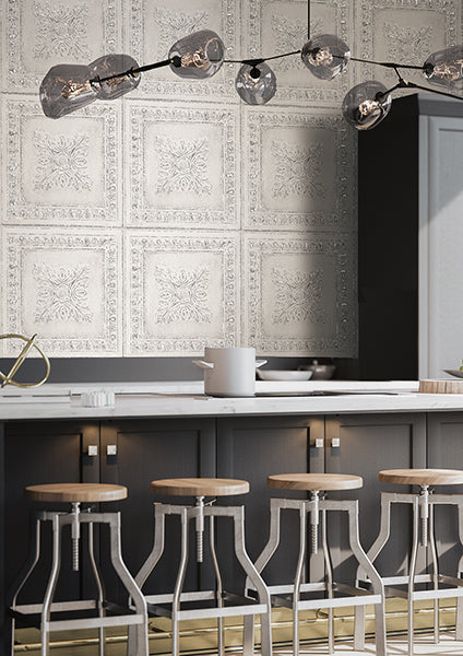 2904-24031 Hazley White Ornamental Tin Tile Wallpaper