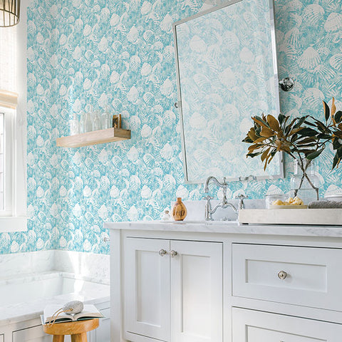 2904-25688 Surfside Aqua Shells Wallpaper