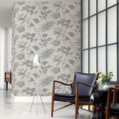 2921-50800 Chandler Light Grey Botanical Faux Grasscloth Wallpaper