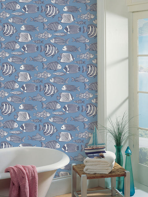 2927-80212 Wailea Sky Blue Tropical School Wallpaper