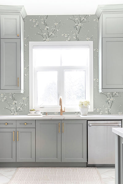 2927-81808 Monterey Silver Mist Floral Branch Wallpaper