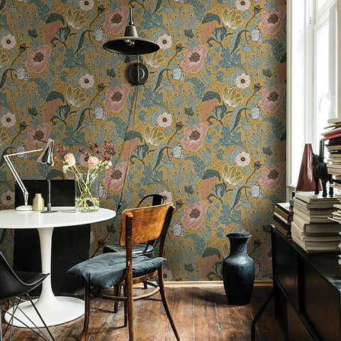 2948-33002 Anemone Mustard Floral Wallpaper