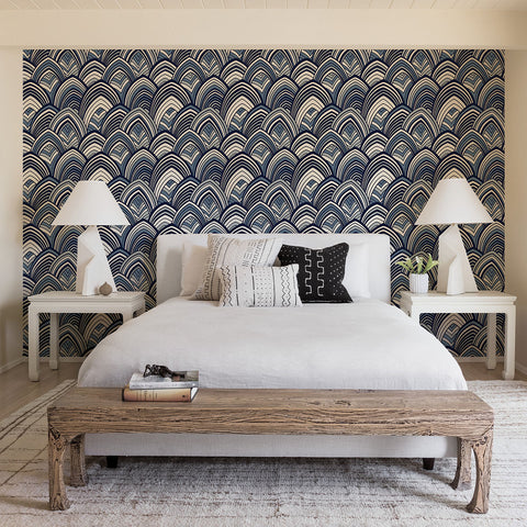 2969-87351 CABARITA Indigo Art Deco Leaves Wallpaper