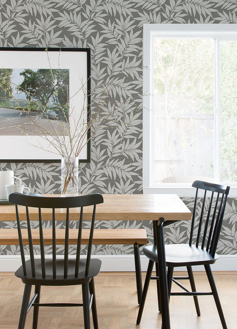 2970-26123 Morris Dark Grey Leaf Wallpaper