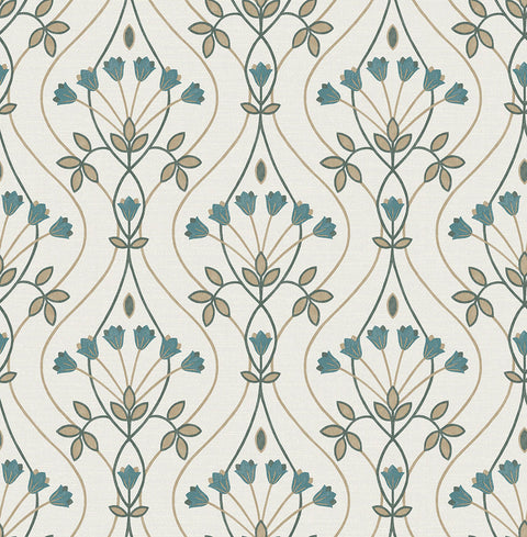 2970-26145 Dard Teal Tulip Ogee Wallpaper
