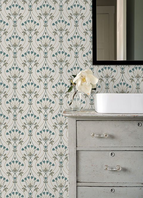 2970-26145 Dard Teal Tulip Ogee Wallpaper