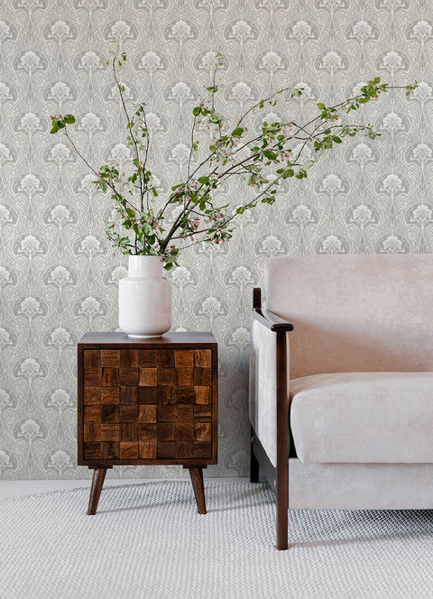 2970-26149 Mucha Off-White Botanical Ogee Wallpaper