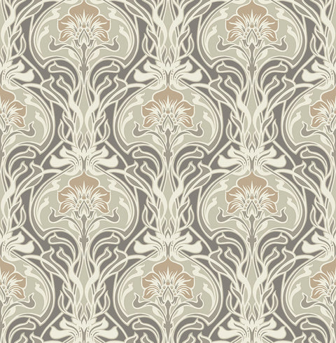 2970-26150 Mucha Dark Grey Botanical Ogee Wallpaper