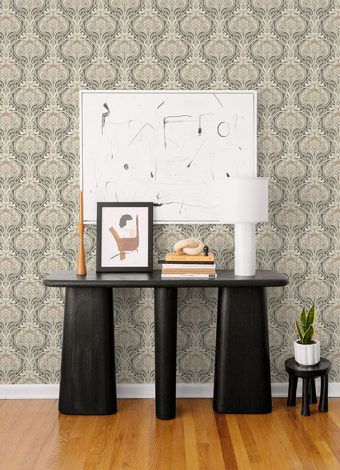 2970-26150 Mucha Dark Grey Botanical Ogee Wallpaper
