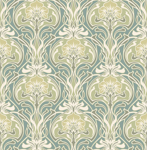 2970-26151 Mucha Teal Botanical Ogee Wallpaper