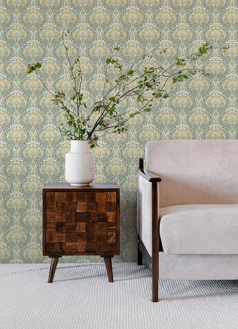 2970-26151 Mucha Teal Botanical Ogee Wallpaper