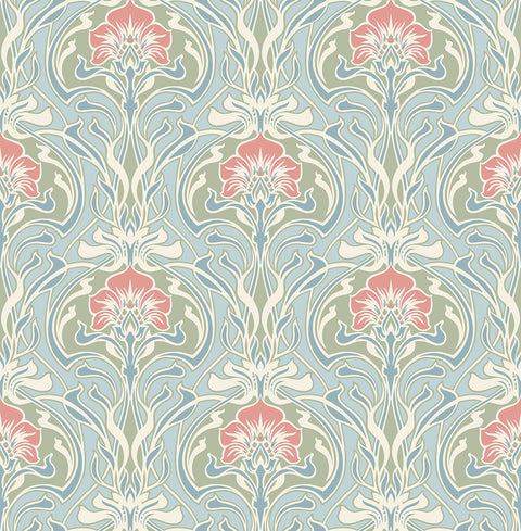 2970-26152 Mucha Light Blue Botanical Ogee Wallpaper