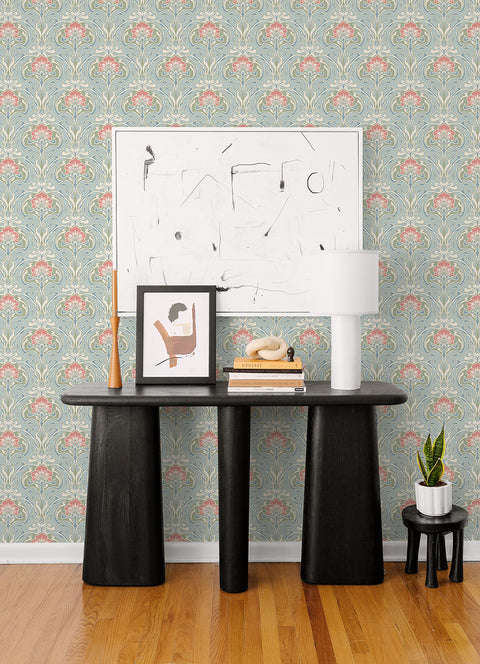 2970-26152 Mucha Light Blue Botanical Ogee Wallpaper